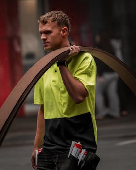 A construction worker in a neon safety vest carrying materials on a city street in Perth.