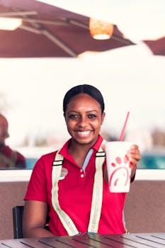 Cheerful employee in uniform holding a branded cup with a smile at an outdoor cafe table.