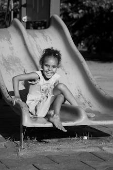 A happy child playing on a playground slide captures pure joy in a black and white setting.