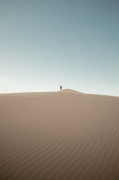 A solitary figure atop the Samalayuca dunes under a vast desert sky.